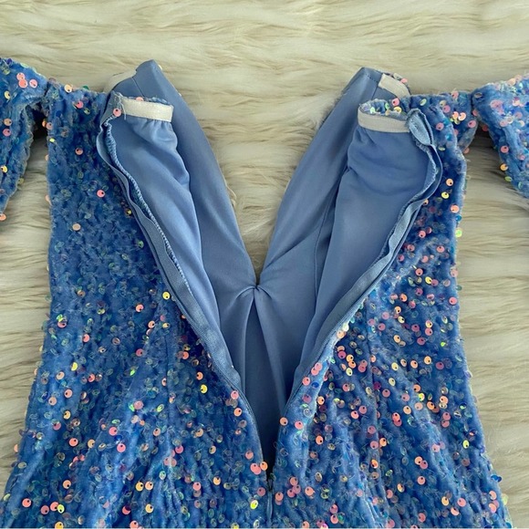 Lucy in the Sky Blue Sequins Velvet Off Shoulder Long Sleeve Bodycon Mini Dress - Picture 14 of 16
